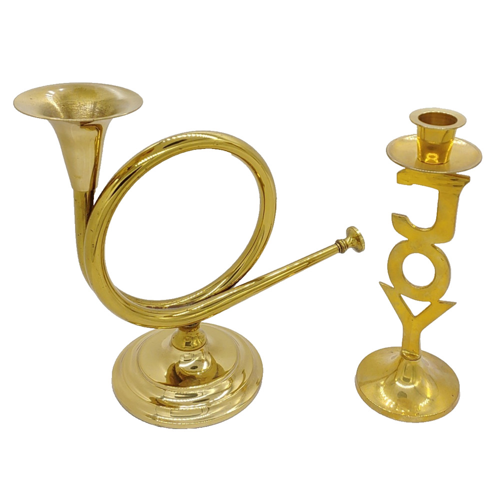 Vintage Brass Christmas Candlesticks Joy-French Horn 2 pc. Taper Candle Holders